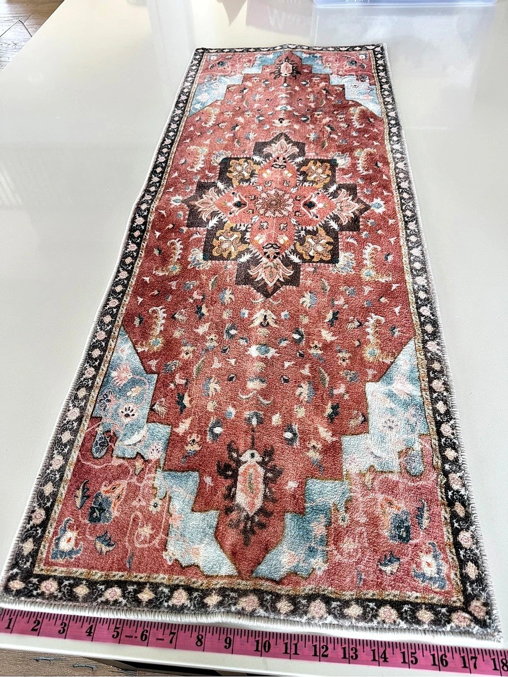 Red/Peach & Blue Geometric Runner Rug - Picture 4 of 4